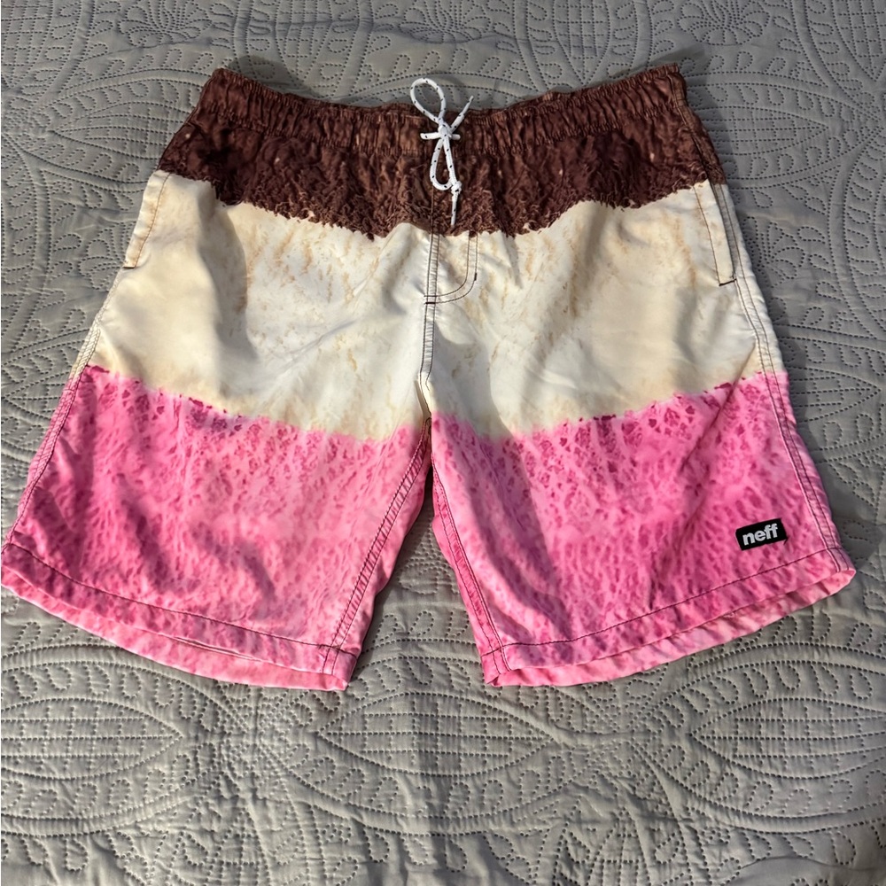 Neff Tri-Color Swim Shorts in Pink, Cream, and Brown